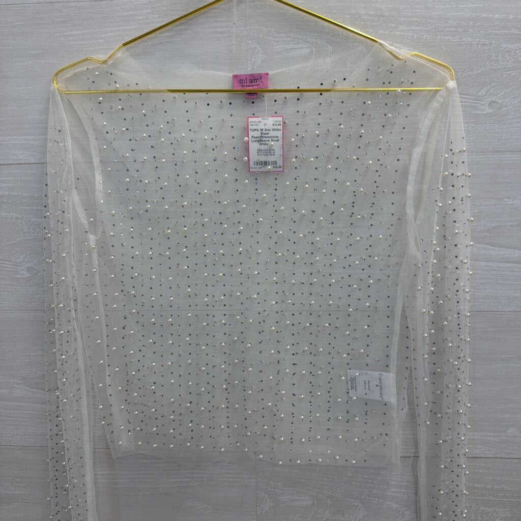 White Sheer Pearl/Rhinestone Longsleeve Small
