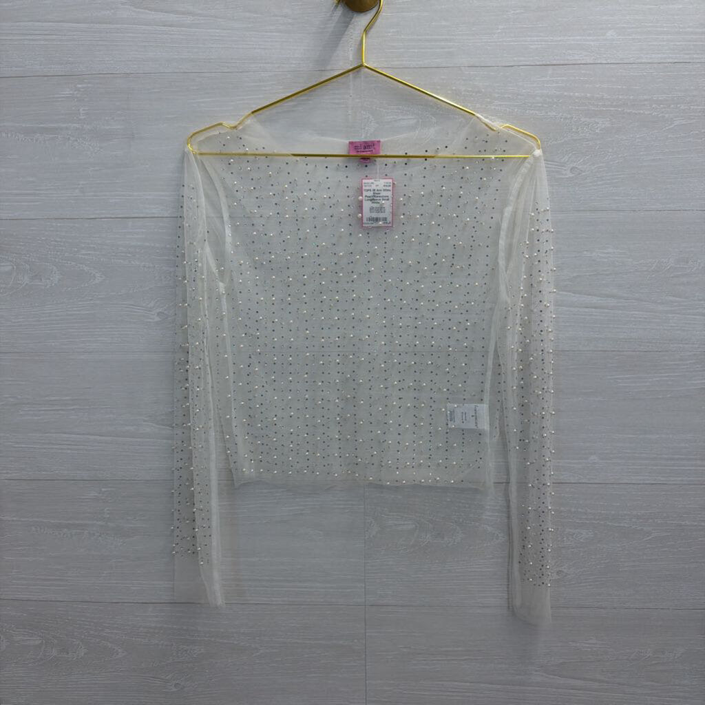 White Sheer Pearl/Rhinestone Longsleeve Small