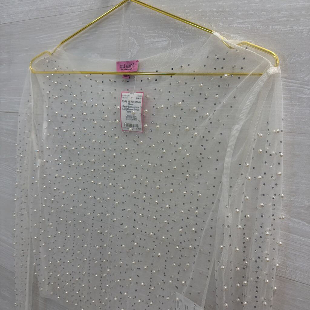 White Sheer Pearl/Rhinestone Longsleeve Small