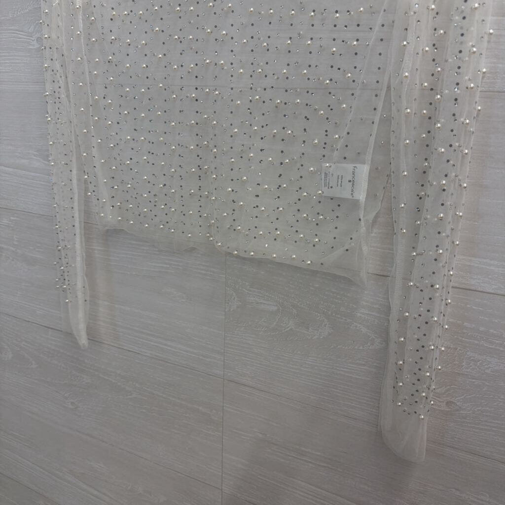 White Sheer Pearl/Rhinestone Longsleeve Small