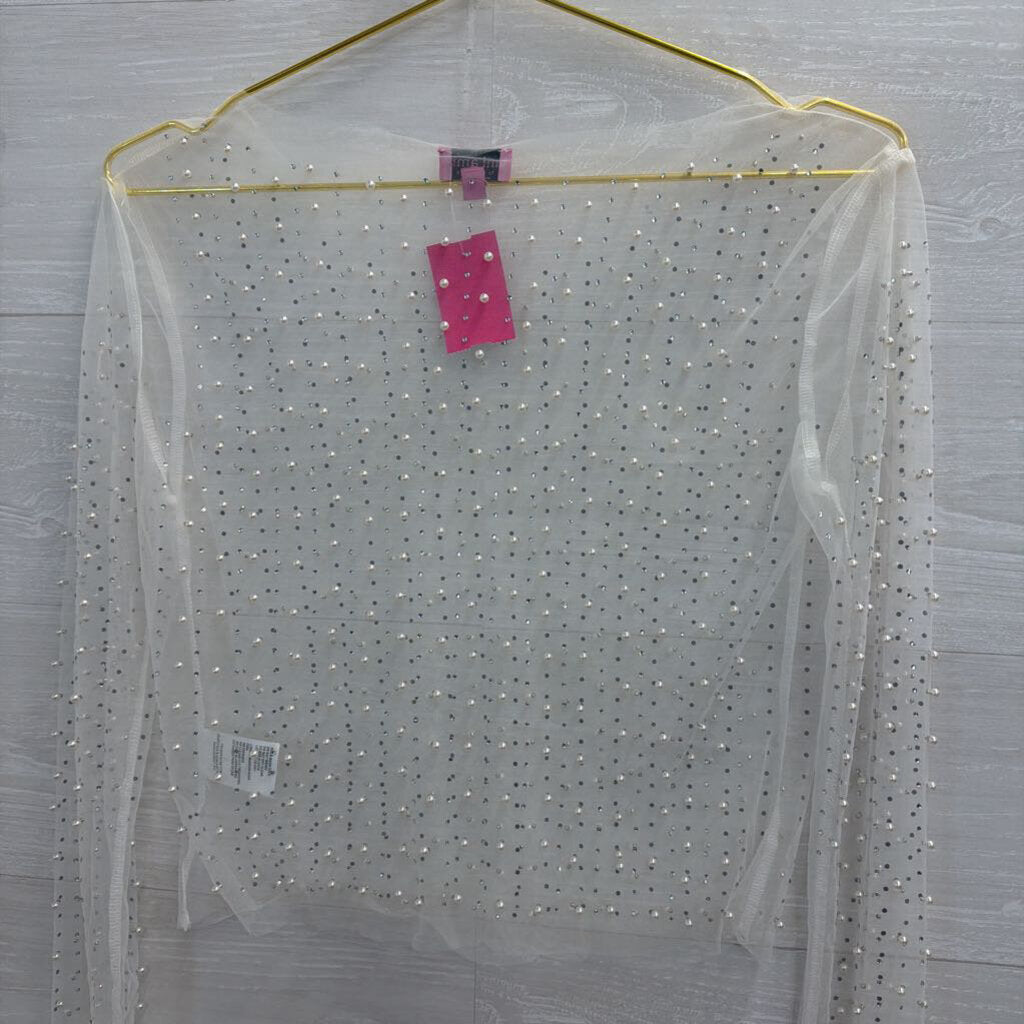 White Sheer Pearl/Rhinestone Longsleeve Small