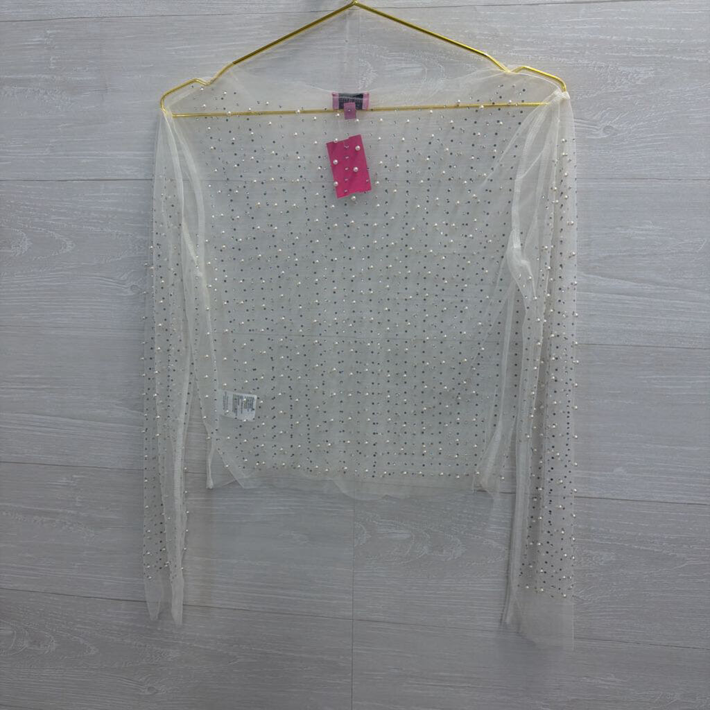 White Sheer Pearl/Rhinestone Longsleeve Small