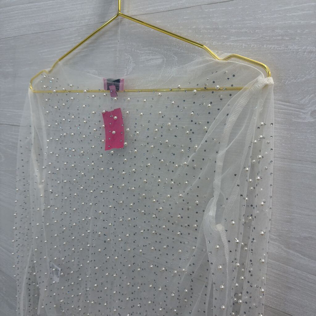 White Sheer Pearl/Rhinestone Longsleeve Small
