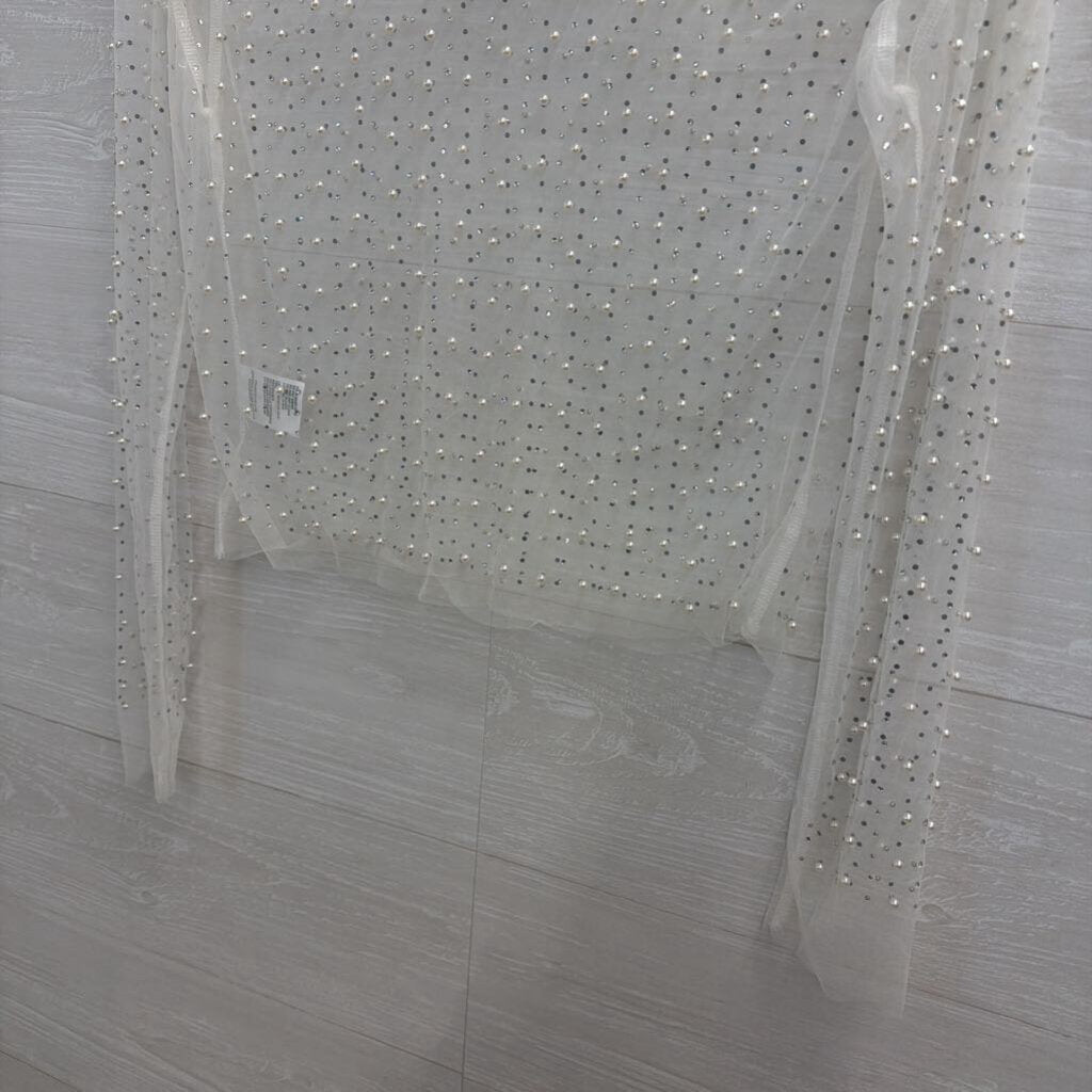 White Sheer Pearl/Rhinestone Longsleeve Small