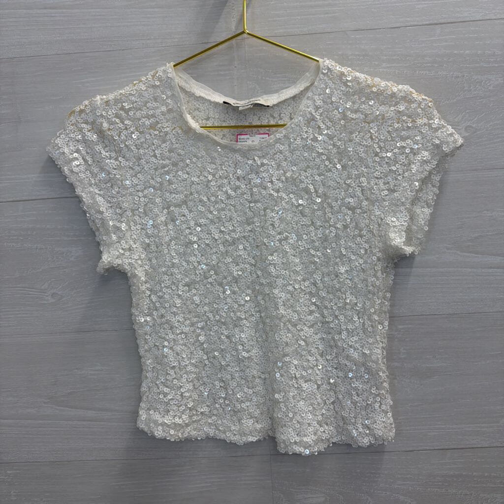 White Short Sleeve Sequin Top Extra Small