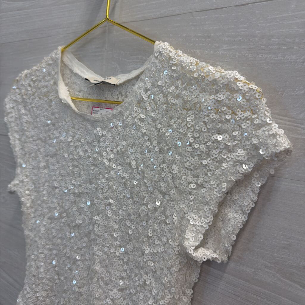 White Short Sleeve Sequin Top Extra Small