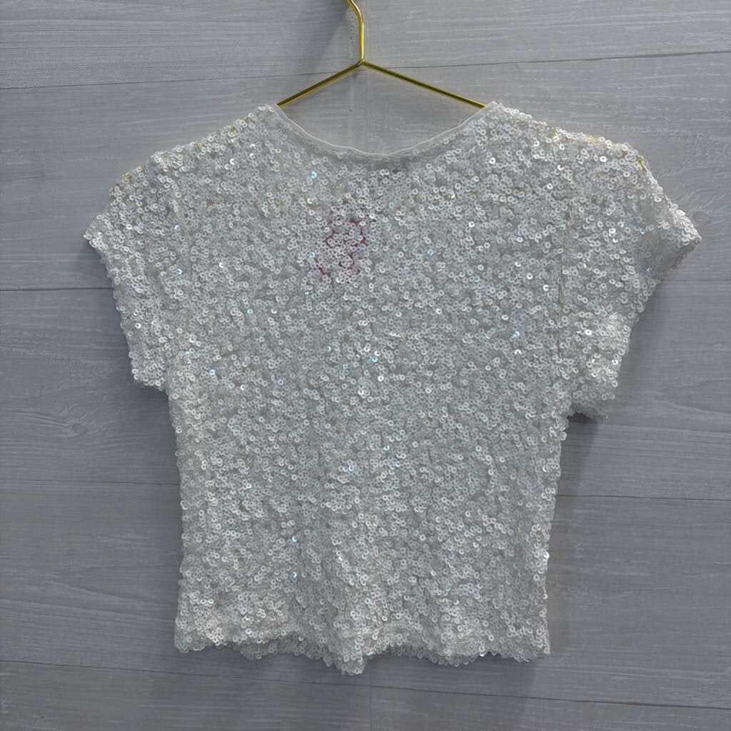 White Short Sleeve Sequin Top Extra Small
