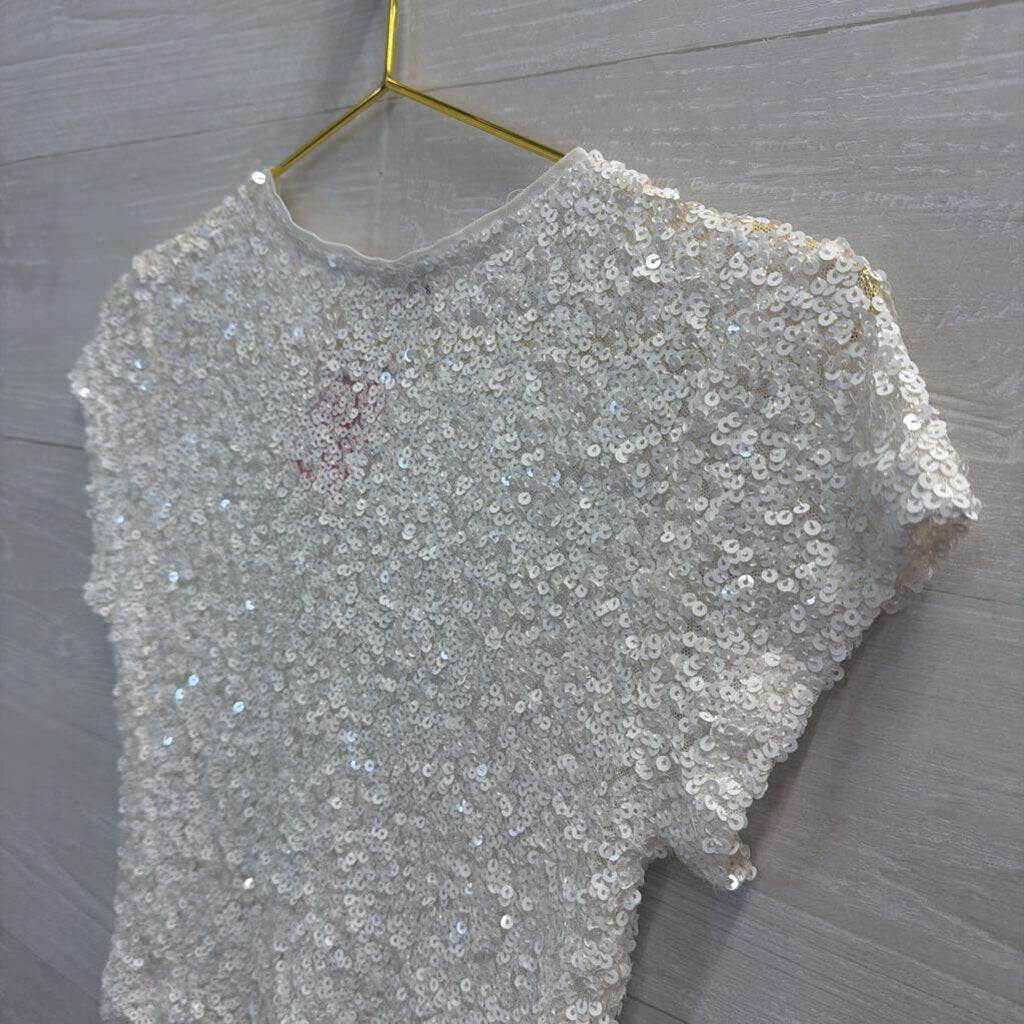 White Short Sleeve Sequin Top Extra Small