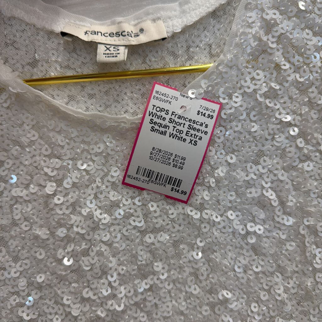White Short Sleeve Sequin Top Extra Small