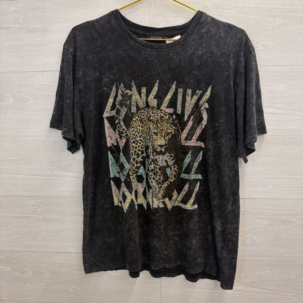 Dark Grey Graphic Tee with Leopard Small