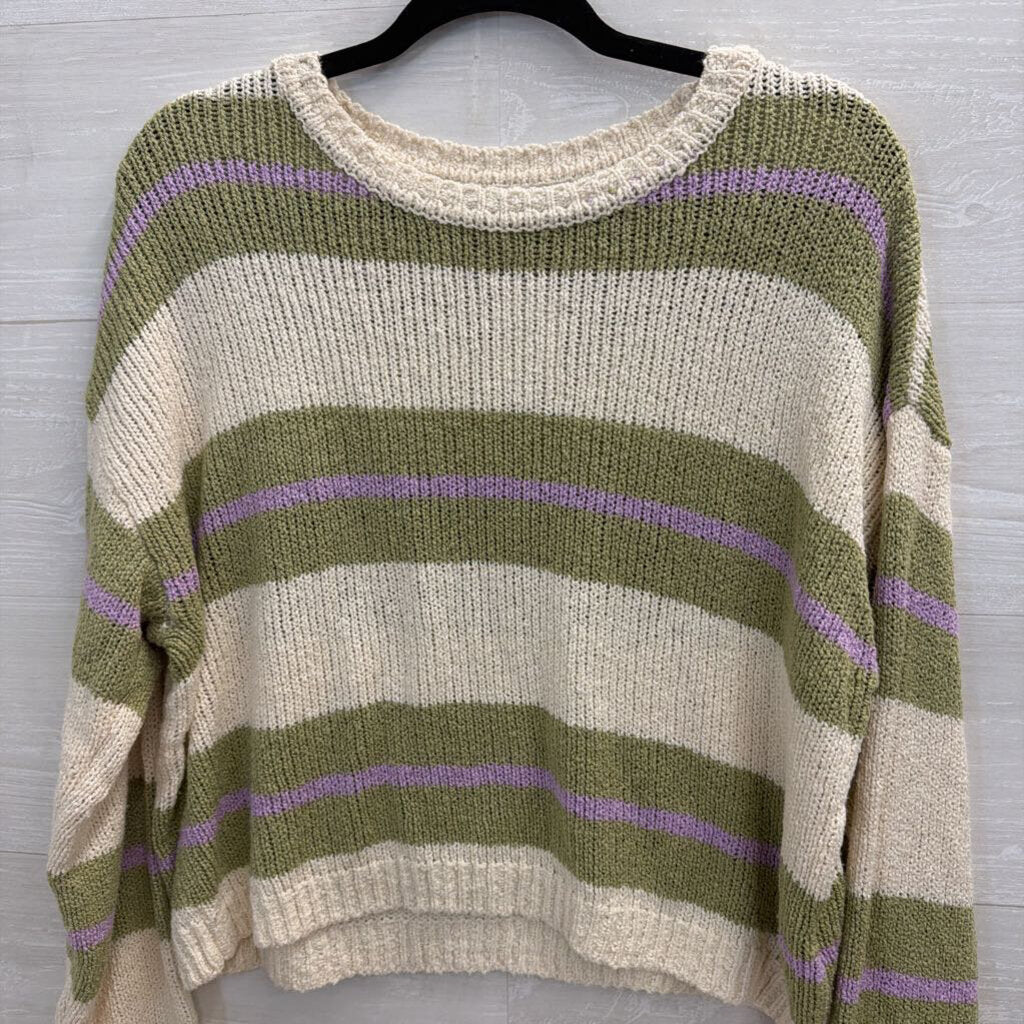 Green/Cream Sweater with Purple Cropped Large
