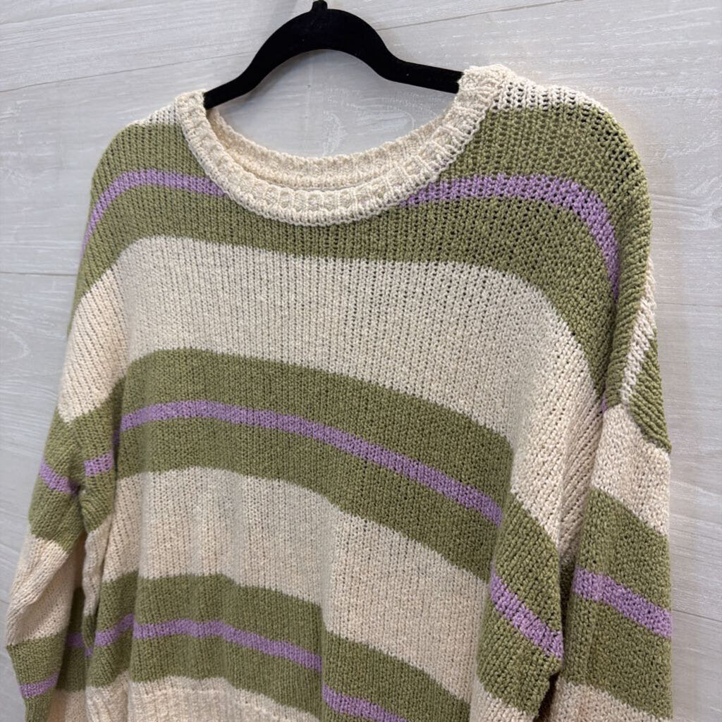 Green/Cream Sweater with Purple Cropped Large