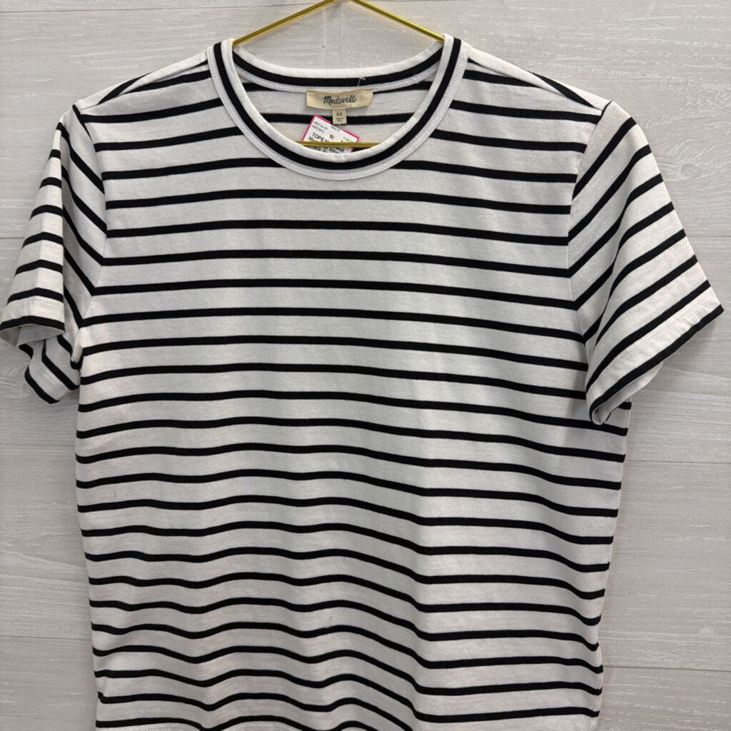 Madewell White/ Black Striped Cropped Short Sleeve Top Extra Small