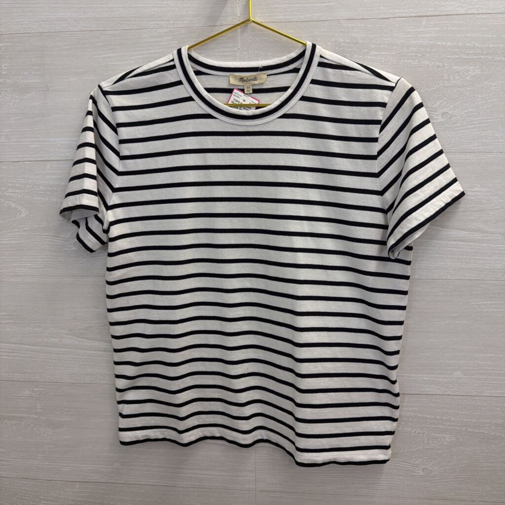 Madewell White/ Black Striped Cropped Short Sleeve Top Extra Small