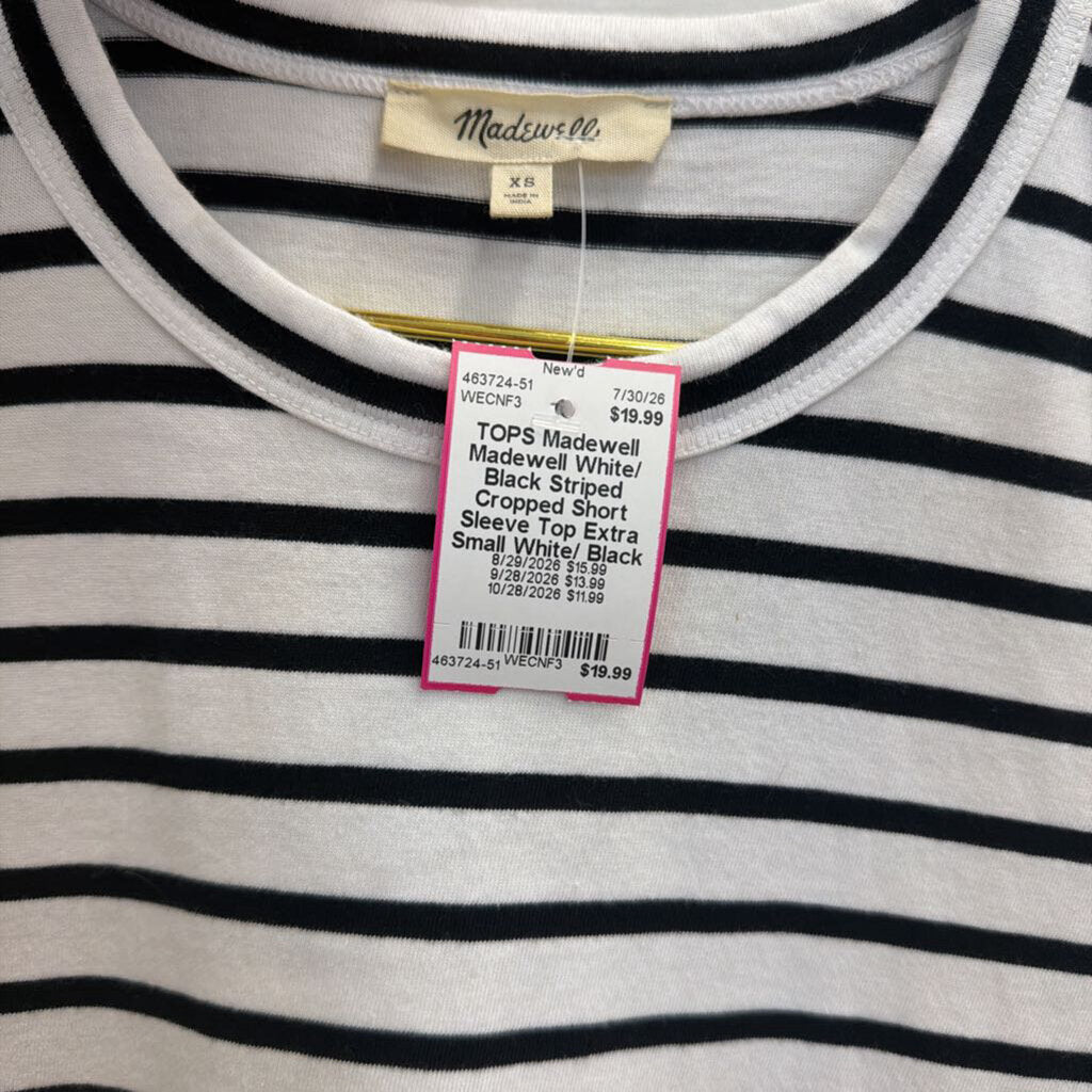 Madewell White/ Black Striped Cropped Short Sleeve Top Extra Small