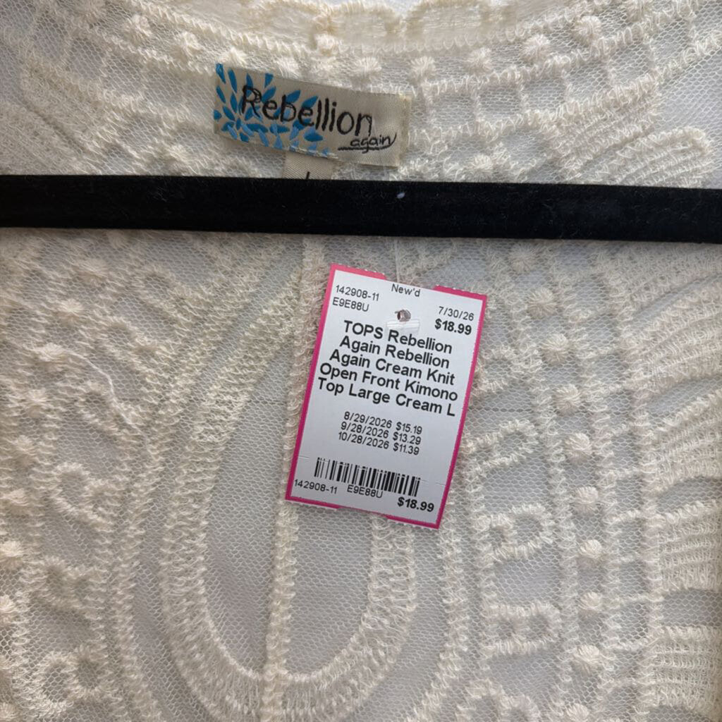 Rebellion Again Cream Knit Open Front Kimono Top Large