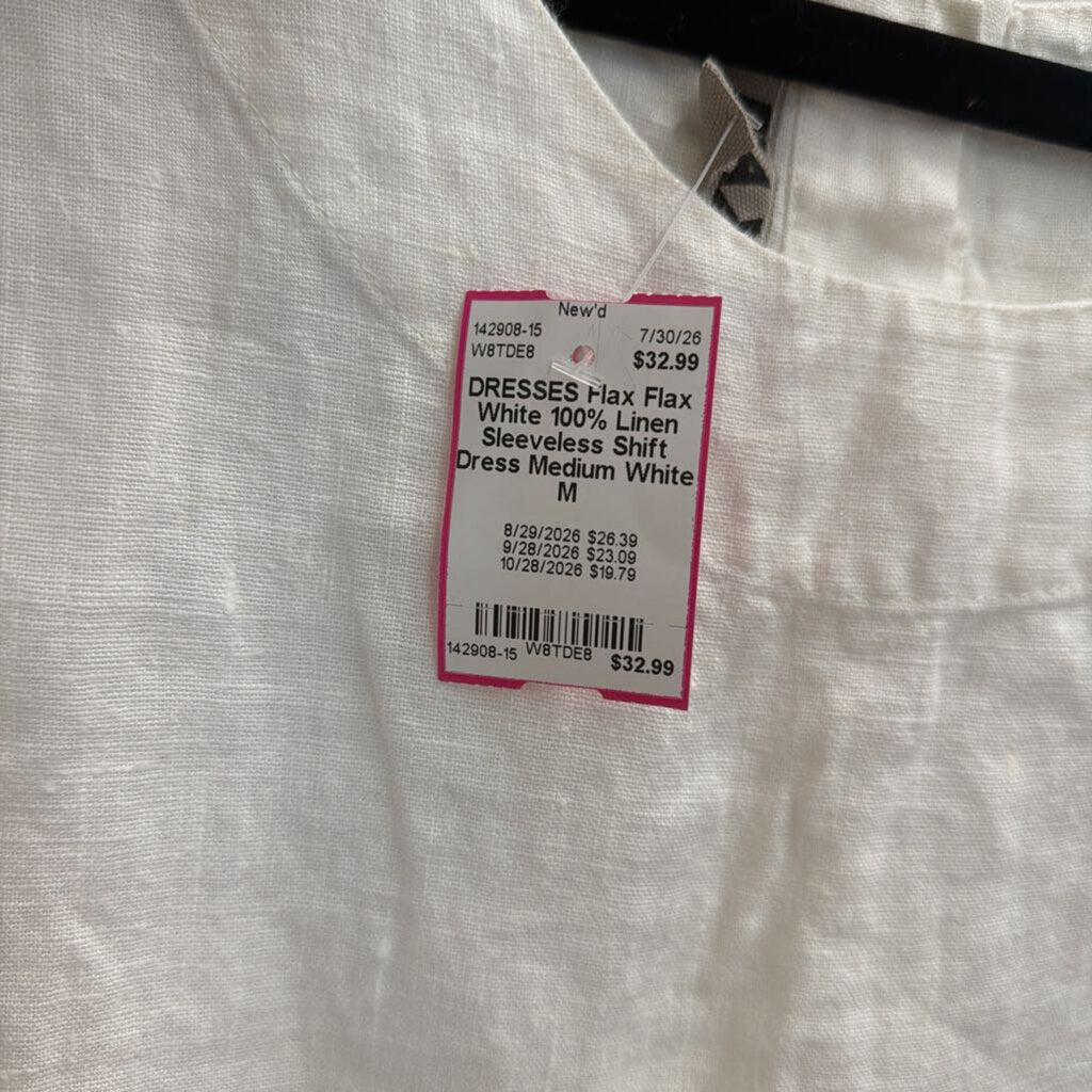 Flax White 100% Linen Sleeveless Shift Dress Medium