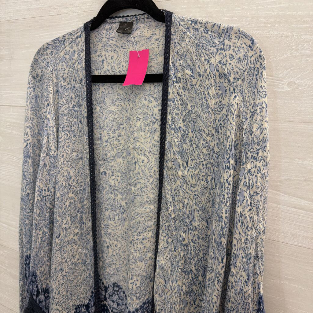 D and Y White/ Blue Print Open Front Kimono Top One Size