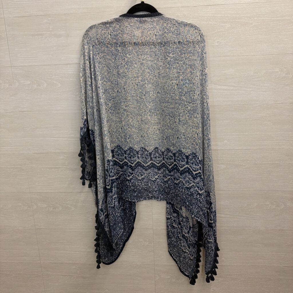 D and Y White/ Blue Print Open Front Kimono Top One Size