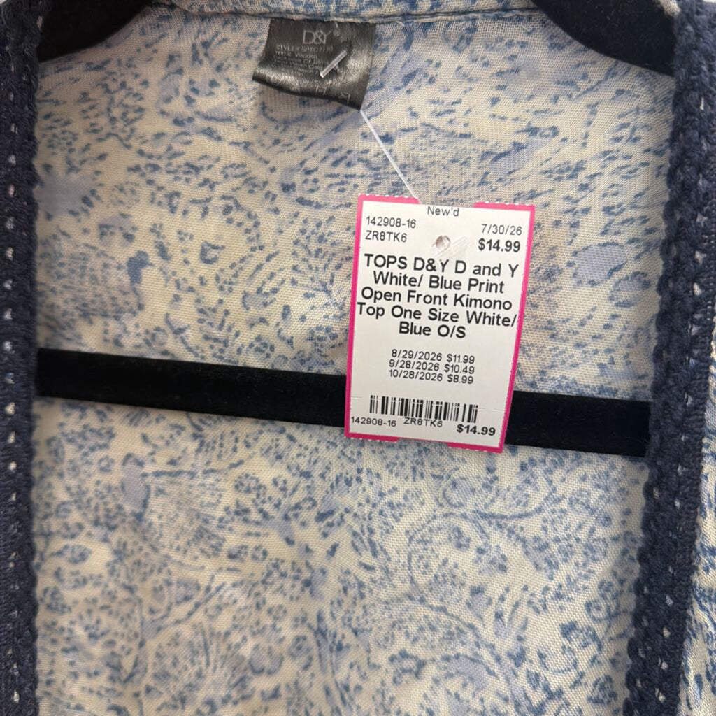 D and Y White/ Blue Print Open Front Kimono Top One Size