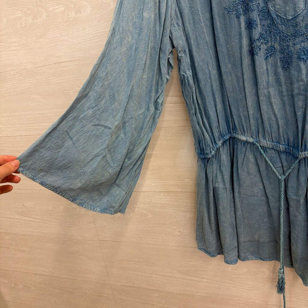 Blue Embroidered Detail Long Sleeve Top Large