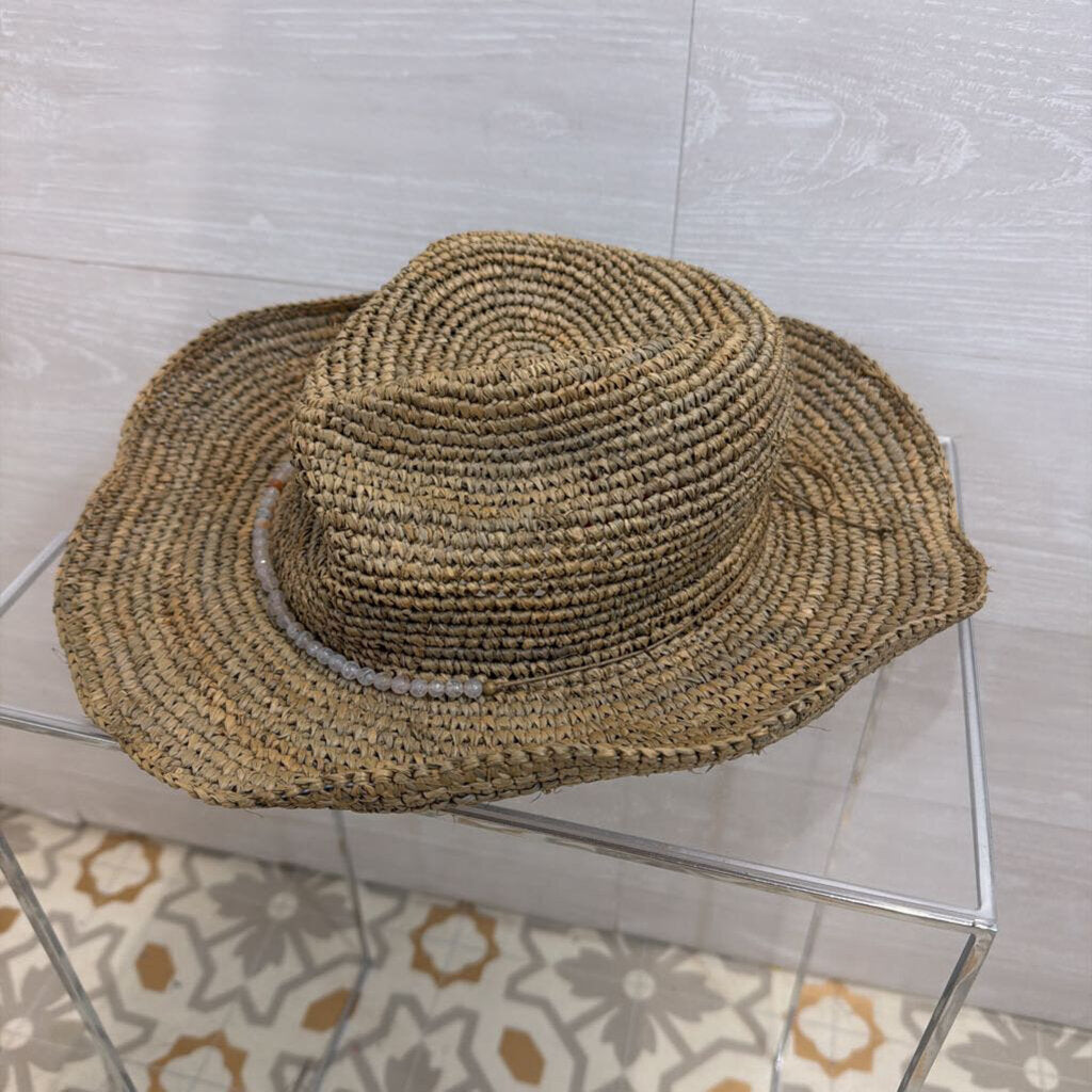 Athleta Brown Woven Straw Beaded Detail Hat One Size
