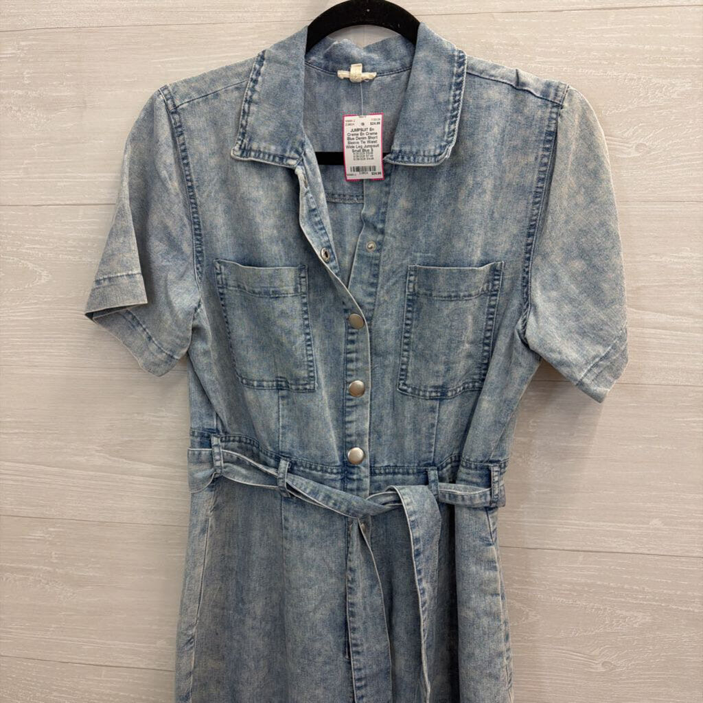 En Creme Blue Denim Short Sleeve Tie Waist Wide Leg Jumpsuit Small
