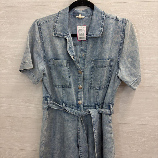 En Creme Blue Denim Short Sleeve Tie Waist Wide Leg Jumpsuit Small