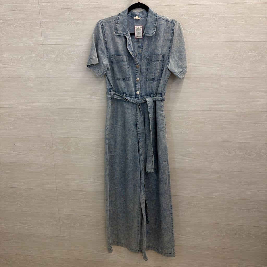 En Creme Blue Denim Short Sleeve Tie Waist Wide Leg Jumpsuit Small