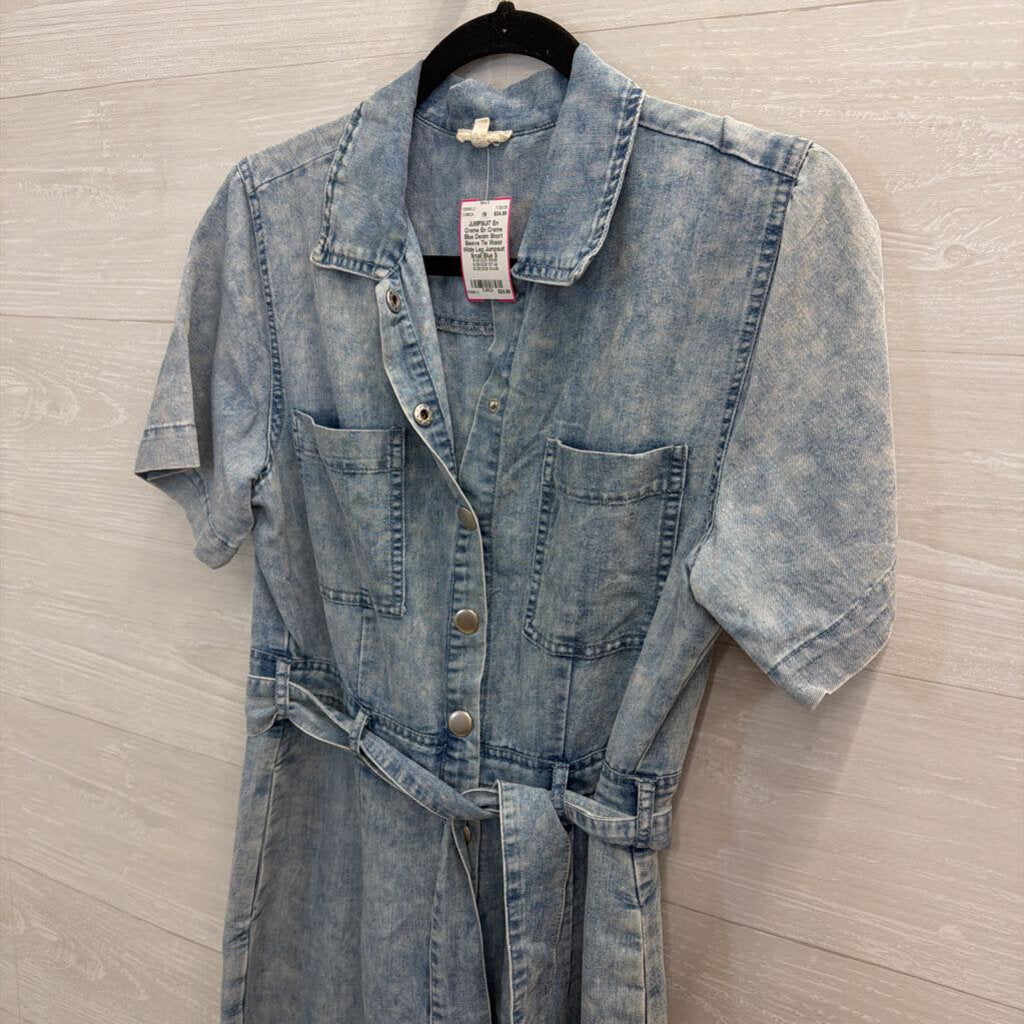 En Creme Blue Denim Short Sleeve Tie Waist Wide Leg Jumpsuit Small