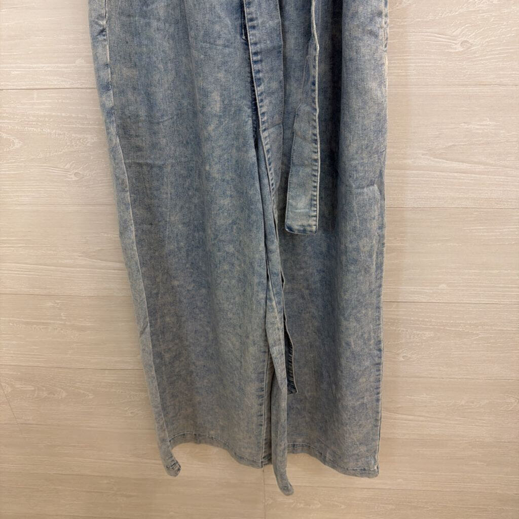 En Creme Blue Denim Short Sleeve Tie Waist Wide Leg Jumpsuit Small
