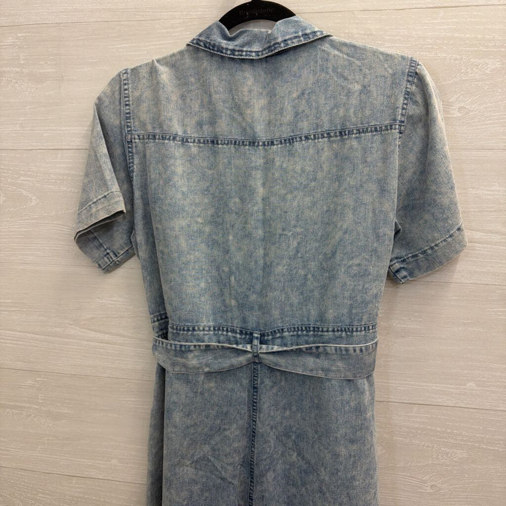 En Creme Blue Denim Short Sleeve Tie Waist Wide Leg Jumpsuit Small