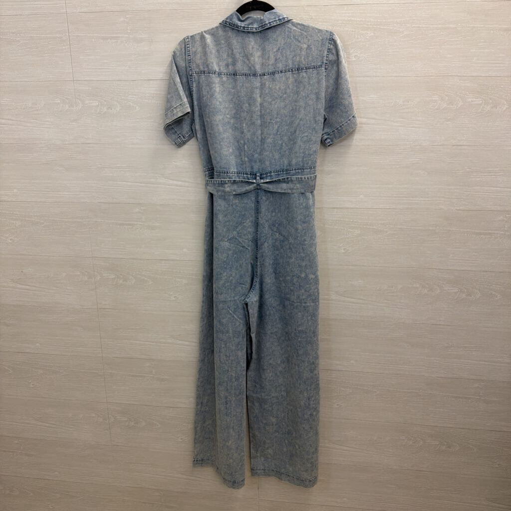 En Creme Blue Denim Short Sleeve Tie Waist Wide Leg Jumpsuit Small