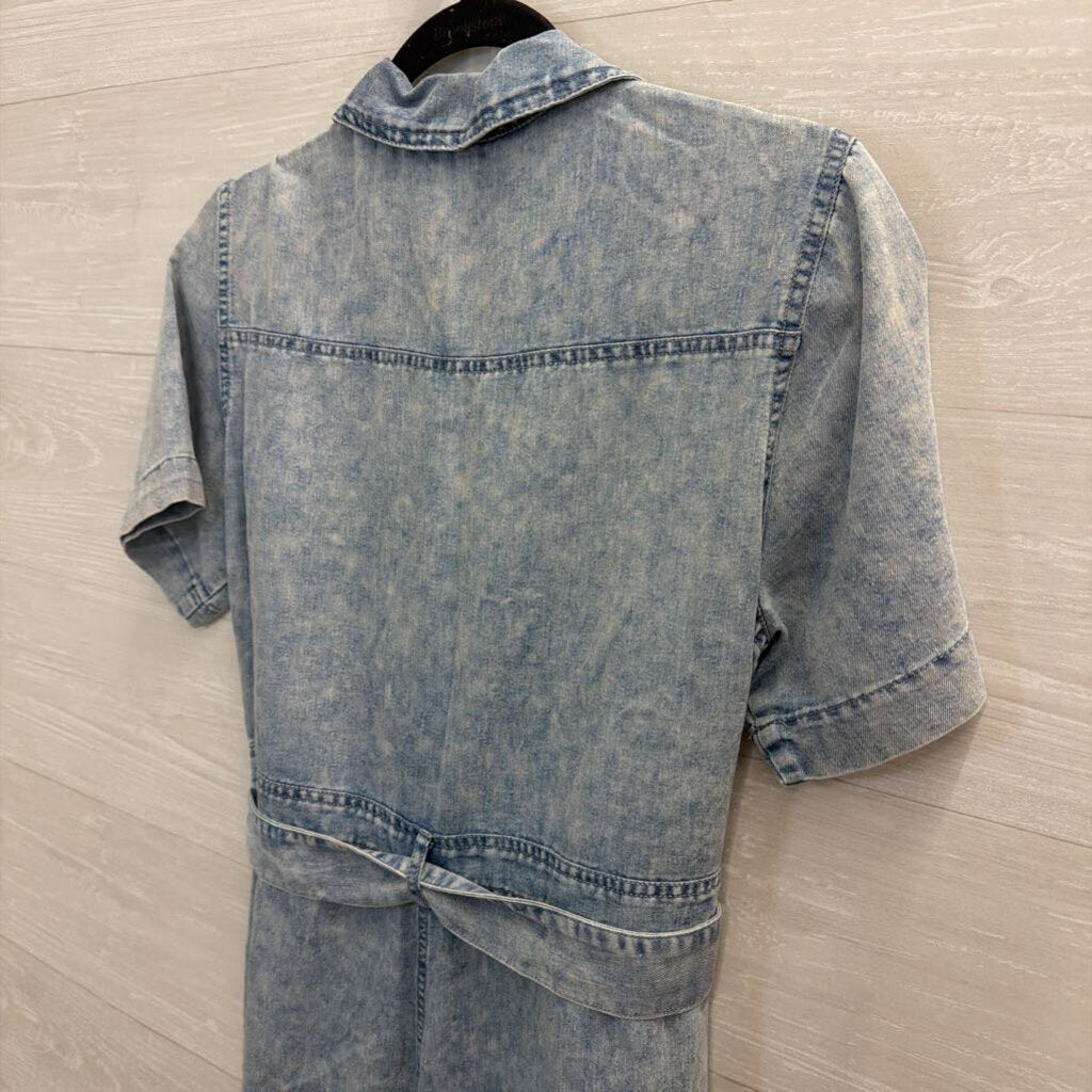 En Creme Blue Denim Short Sleeve Tie Waist Wide Leg Jumpsuit Small