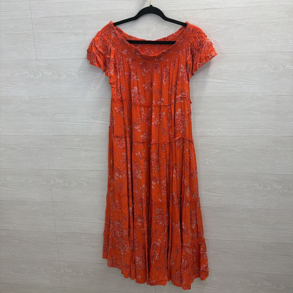 Free People Orange Print Barclay Off Shoulder Dress Medium