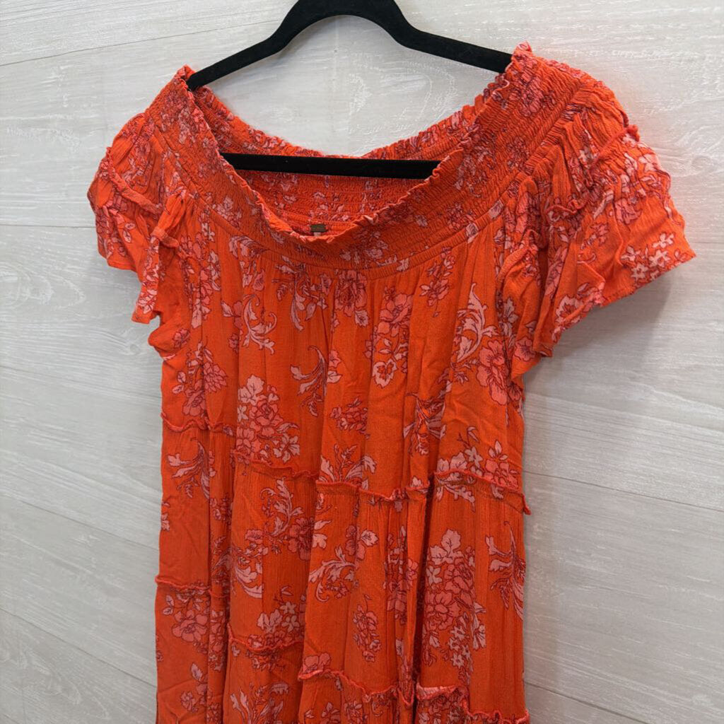 Free People Orange Print Barclay Off Shoulder Dress Medium