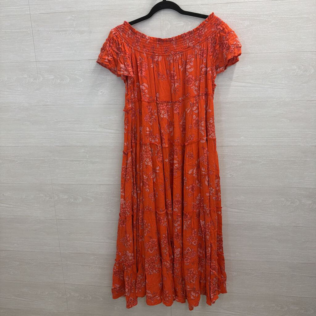 Free People Orange Print Barclay Off Shoulder Dress Medium