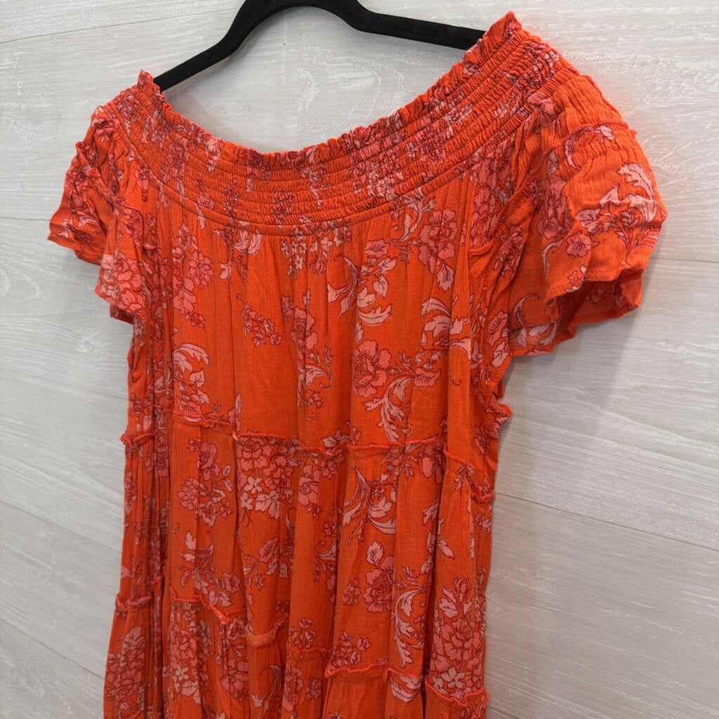 Free People Orange Print Barclay Off Shoulder Dress Medium