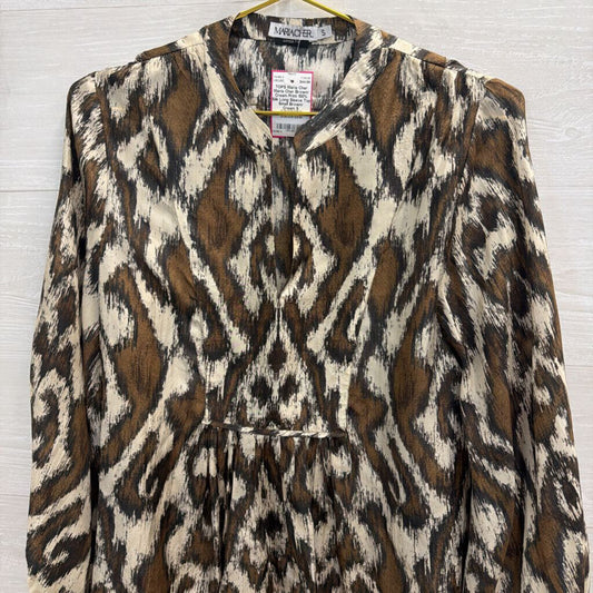 Maria Cher Brown/ Cream Print 100% Silk Long Sleeve Top Small