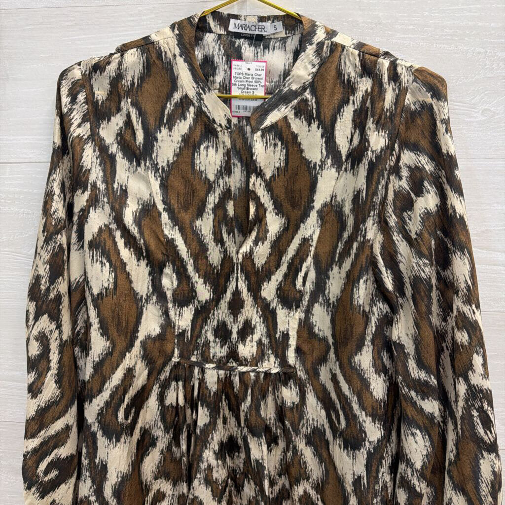 Maria Cher Brown/ Cream Print 100% Silk Long Sleeve Top Small