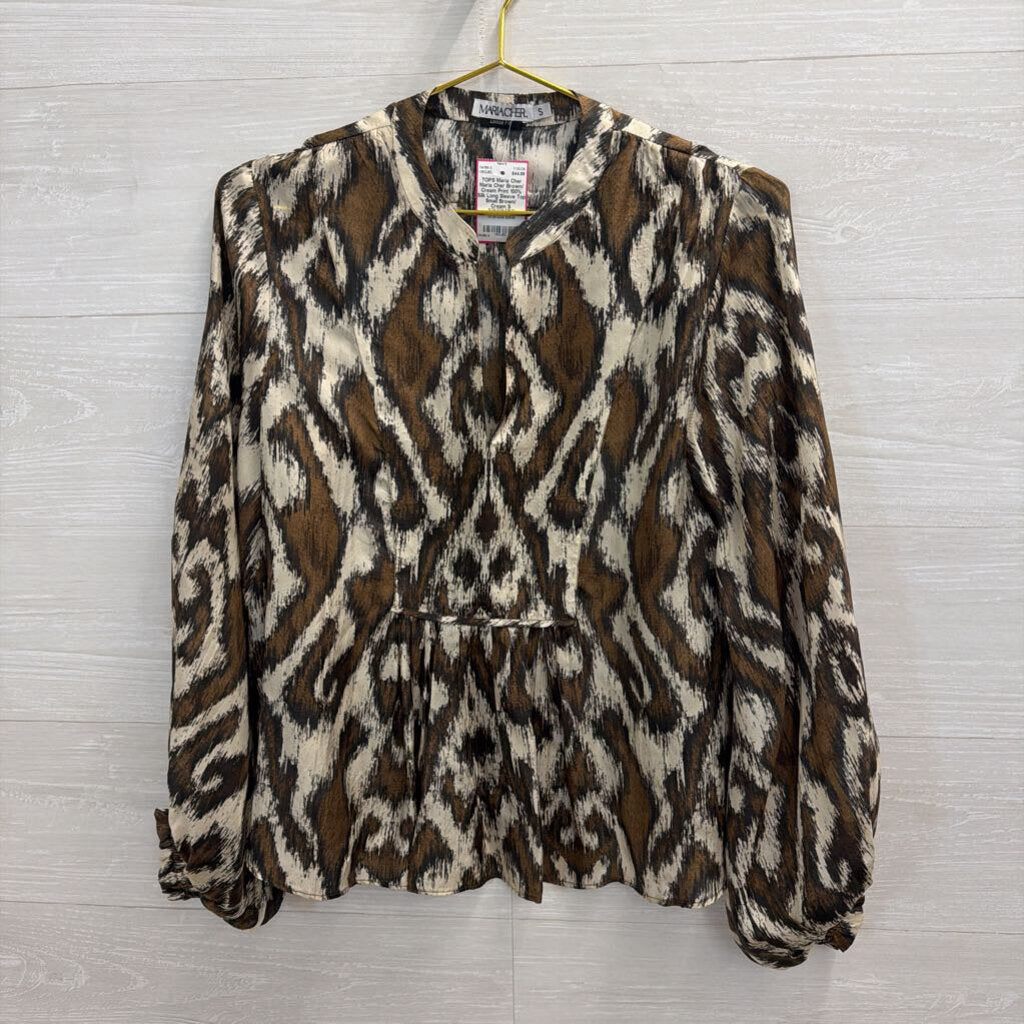 Maria Cher Brown/ Cream Print 100% Silk Long Sleeve Top Small