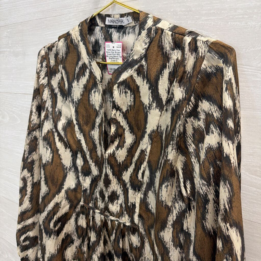 Maria Cher Brown/ Cream Print 100% Silk Long Sleeve Top Small
