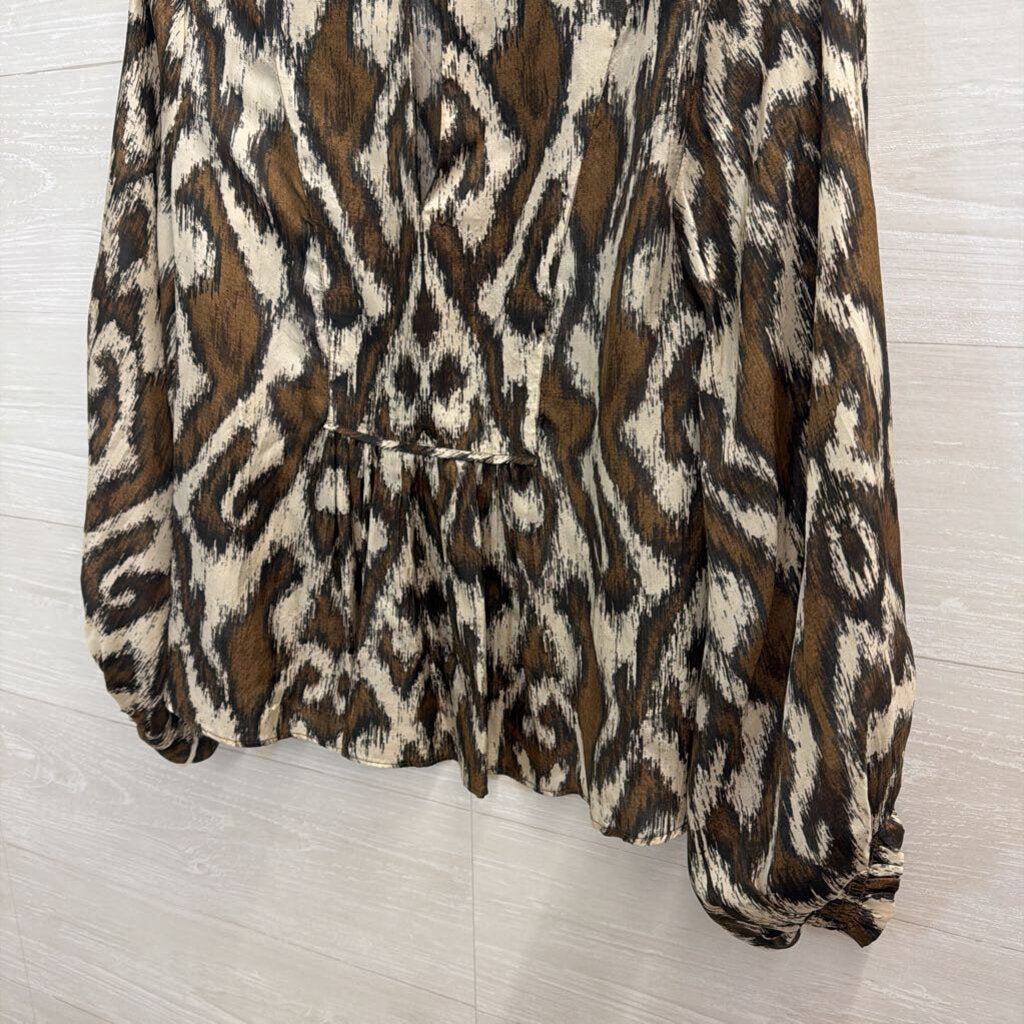 Maria Cher Brown/ Cream Print 100% Silk Long Sleeve Top Small