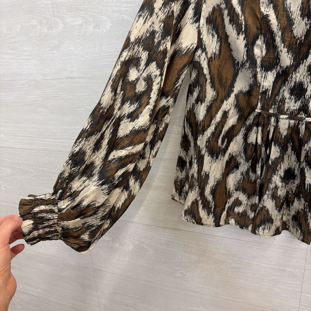 Maria Cher Brown/ Cream Print 100% Silk Long Sleeve Top Small