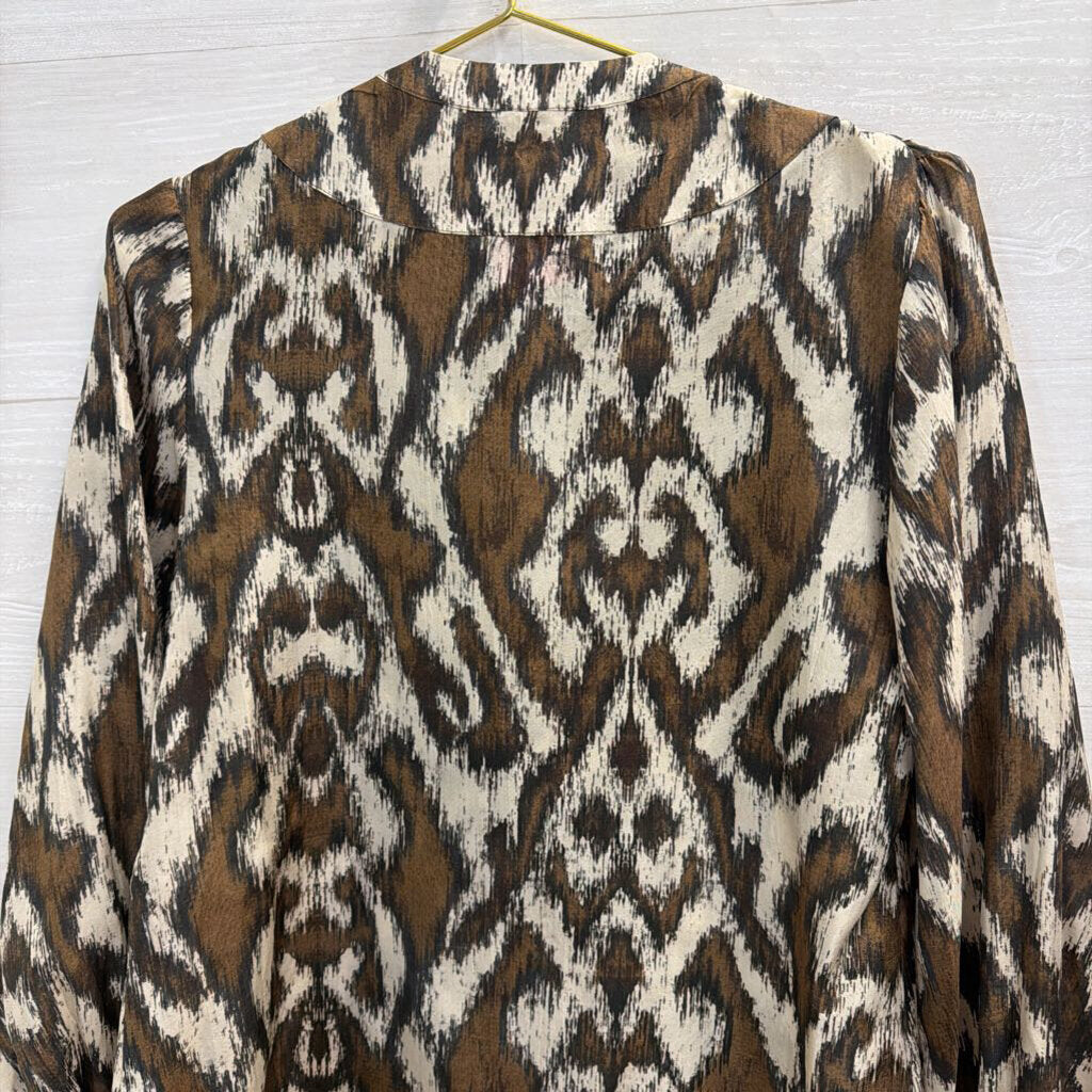 Maria Cher Brown/ Cream Print 100% Silk Long Sleeve Top Small