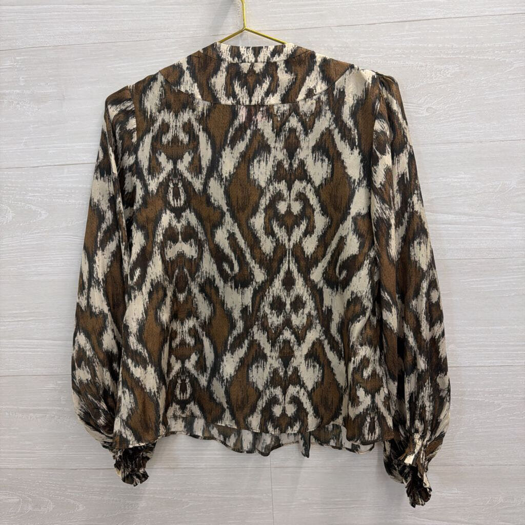 Maria Cher Brown/ Cream Print 100% Silk Long Sleeve Top Small