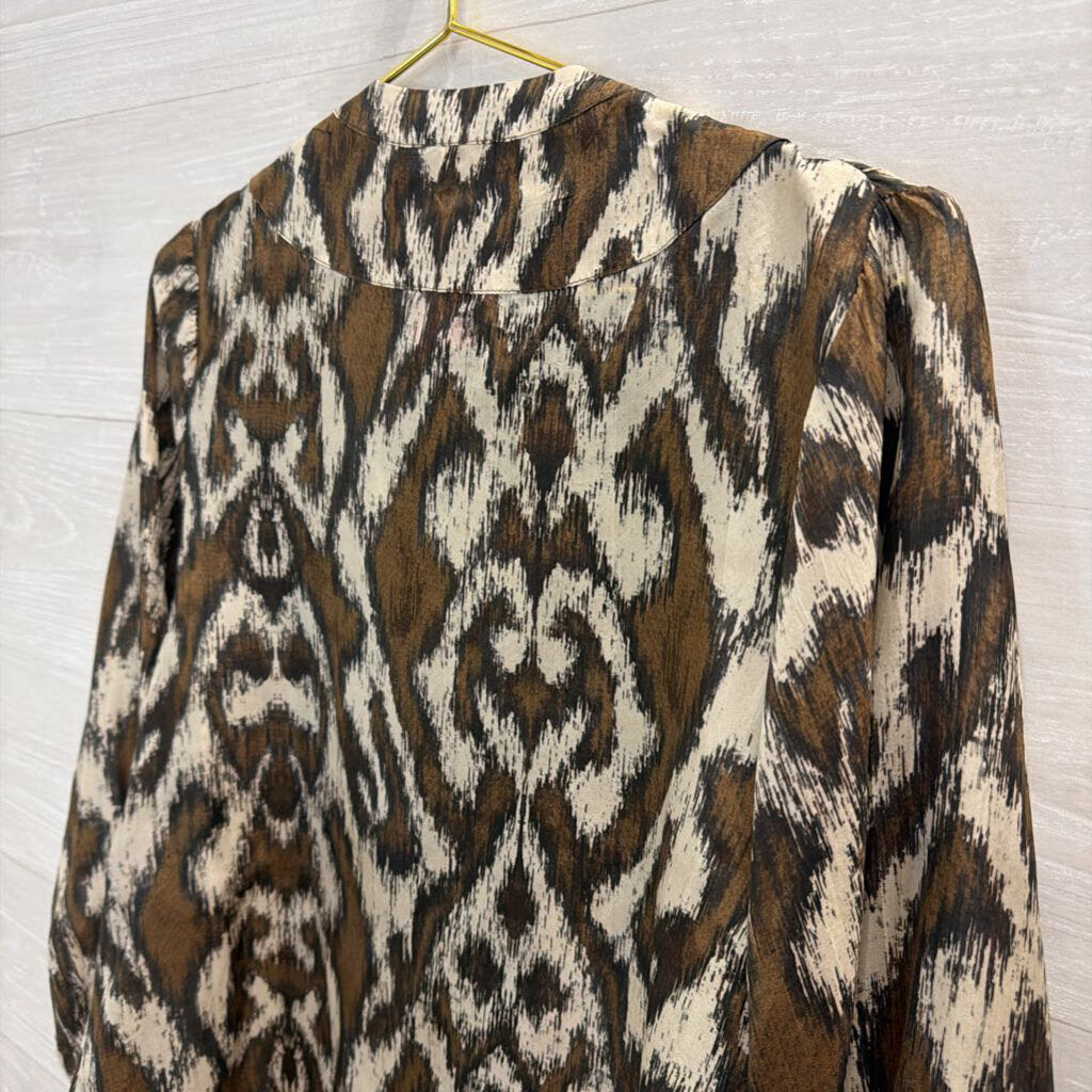 Maria Cher Brown/ Cream Print 100% Silk Long Sleeve Top Small