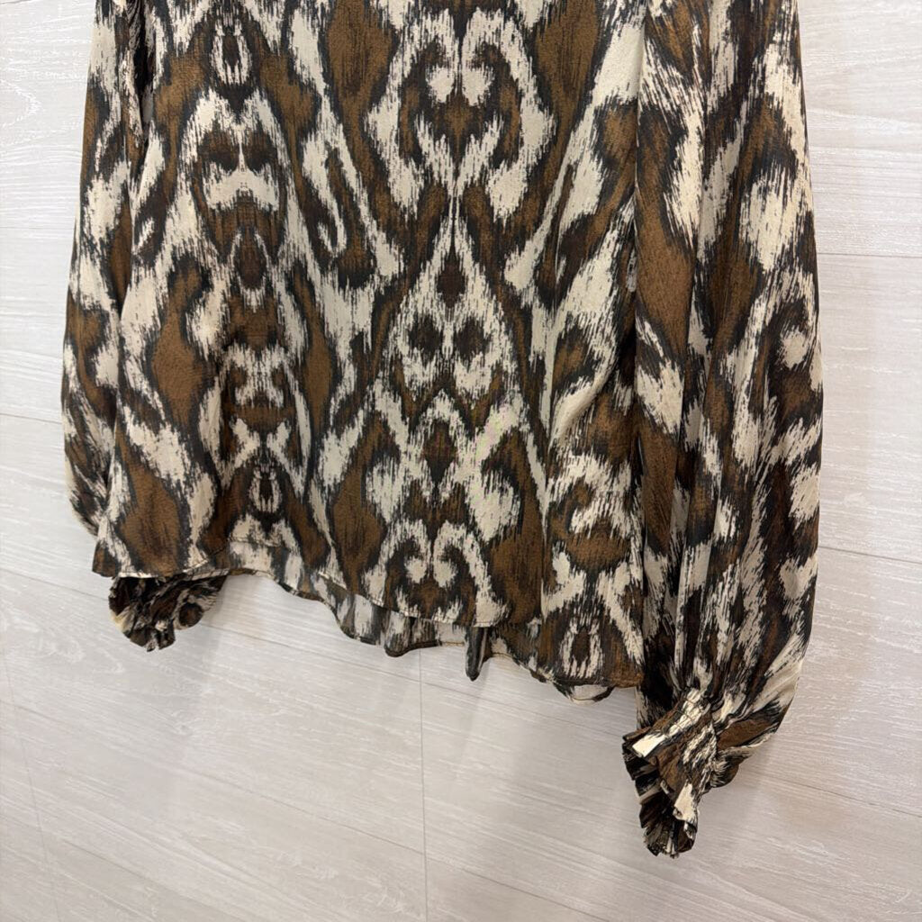 Maria Cher Brown/ Cream Print 100% Silk Long Sleeve Top Small