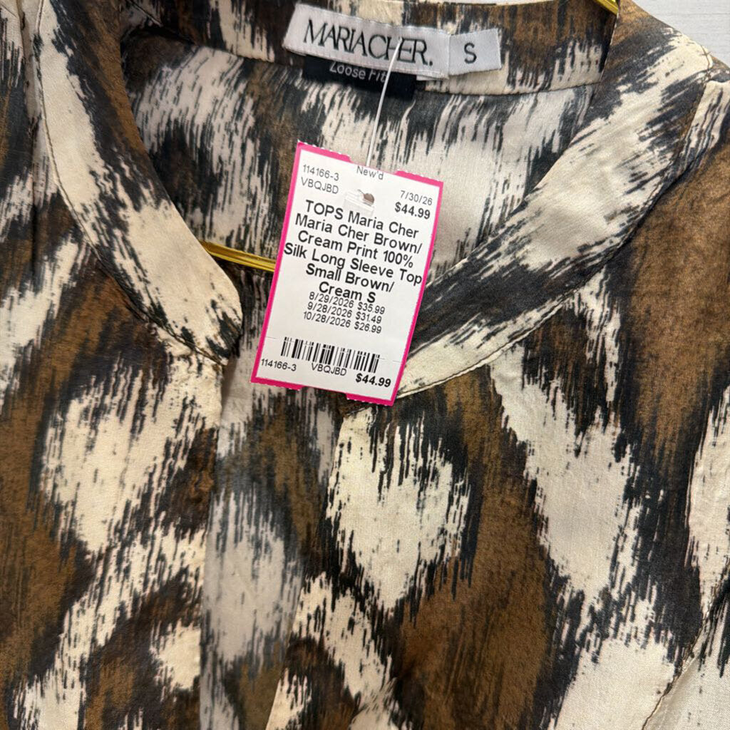 Maria Cher Brown/ Cream Print 100% Silk Long Sleeve Top Small