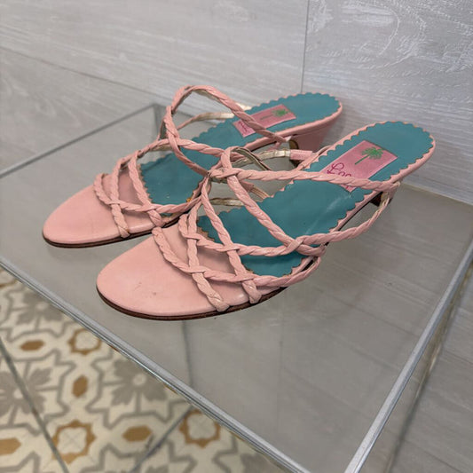 Vintage Lilly Pulitzer Pink Leather Woven Strap Slide Sandal Heels 7.5